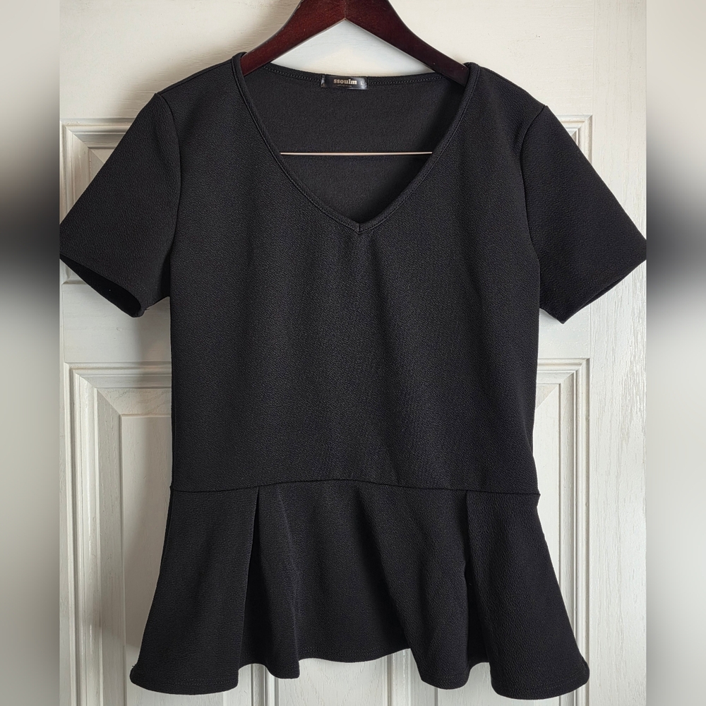 SSOULM Women's Classic Stretchy Short Sleeve Flare Peplum Blouse Top Black Large